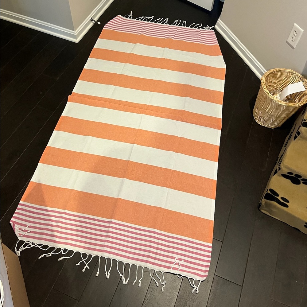 Striped Beach Towel - Orange and Pink with fringe detail